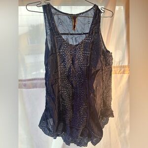 Johnny Was Embroidered Eyelet Sleeveless Top, Dark Blue, Size Small